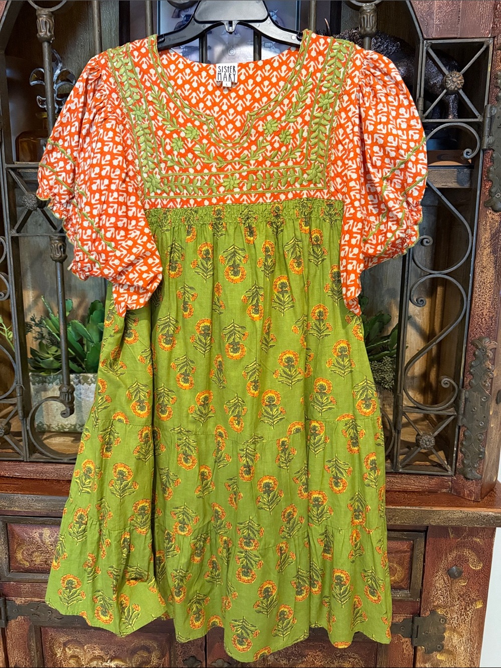 Sister Jane Green Dress with Orange Floral Yoke